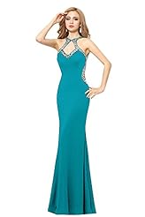Sexy Sheath Halter Jersey Beaded Stretchy Open-Back Evening Dress 