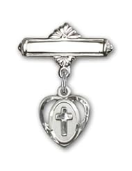 Sterling Silver Baby Badge with Cross Charm and Polished Badge Pin