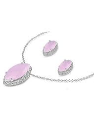 Sterling Silver Oval Eye Design Pink Pendant Necklace and Earrings Jewelry Set with Clear CZ