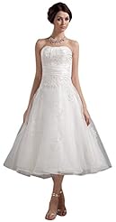 Strapless Off the Shoulder Crystal Beaded Short Tea Length Tulle Wedding Dress 