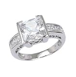 Sterling Silver Engagement Ring with Princess Cut Cubic Zirconia in Half-Bezel-Setting