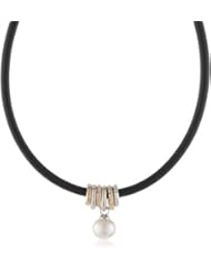 Majorica 16 mm White Round Pearl with Metal Rings on Leather Choker Necklace, 16"