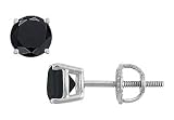 14K White Gold : Round Black Diamond Stud Earrings 3.00 CT. TW.