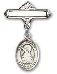 Sterling Silver Baby Badge with St. Bridget of Sweden Charm and Polished Badge Pin