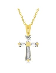 Alexander James 14k Gold Bonded Cross Pendant with Bar Set Baguette Cut Clear CZ in Goldtone Chain Included