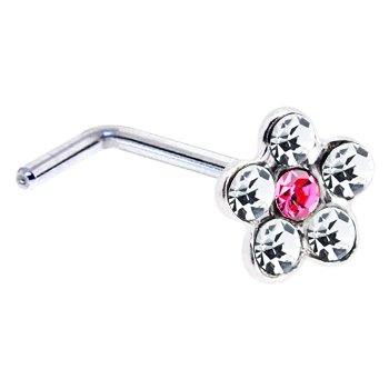 925 Sterling Silver Clear Gem Flower L-Shaped Nose Ring