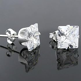 April Birthstone Diamond Simulated Princess Cut Cubic Zirconia CZ Silver Stud Earrings: Jewelry