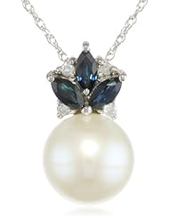 10k White Gold Sapphire, Freshwater Cultured Pearl Round Shaped Diamond Pendant Necklace (0.03 cttw GH, Color, I2-I3 Clarity), 17"