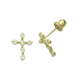 14K Gold Stud Earring CZ Small and Thin Cross Yellow Gold Earring With Screw Back For Kids & Teens