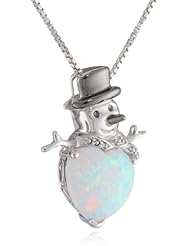 XPY Sterling Silver Created Opal with Diamond Accent Heart Snowman Pendant Necklace, 18"