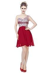 One Shoulder Short Chiffon Asymmetric Beaded  Homecoming Dress  With Rhinestones