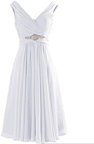 Deardresses Women's Straps V-neck Chiffon Short Bridesmaid Prom Dress DD003 (S, White)