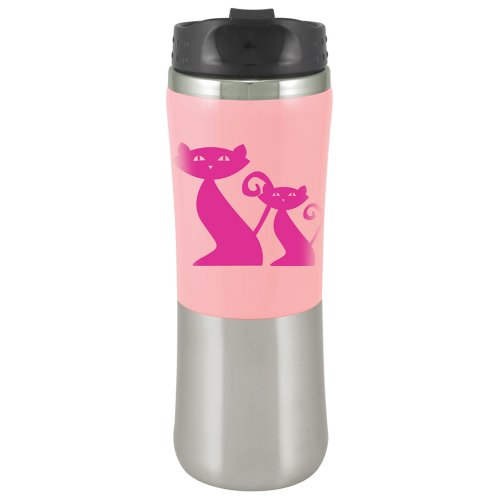 Hues & Brews 14-Ounce Travel Tumbler, Cattitude, Pink Cat on Pink