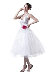 V-neck Halter Satin/Tulle Short   Ball Gown Wedding Dress  With a Sash 