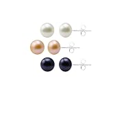 Set of 3 Freshwater Cultured Pearl Button Stud Earrings with Sterling Silver Posts and Backs (8-8.5mm...