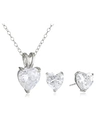 Sterling Silver Cubic Zirconia Heart Pendant Necklace, 18" and Stud Post Earrings Set
