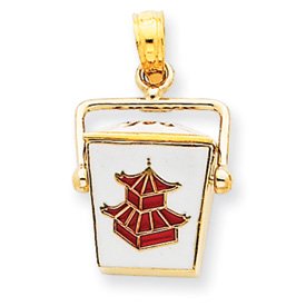 14k Enameled 3-D Chinese Take-Out Box Pendant - Measures 20.6x12.4mm - JewelryWeb