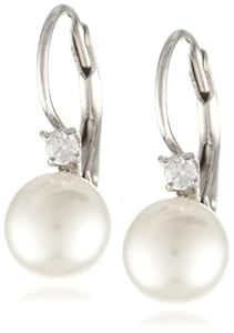 Sterling Silver White Shell Pearl and Cubic Zirconia Lever Back Earrings (8mm)