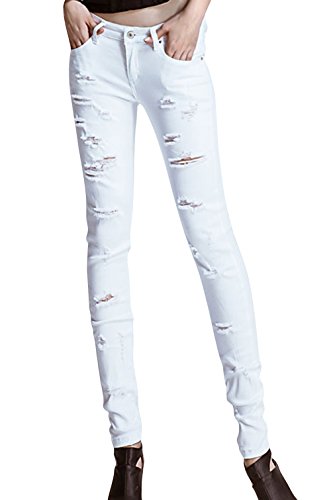 Shefetch Women's Backless Cowboy Stretch Ripped Skinny Jeans Pants White 25