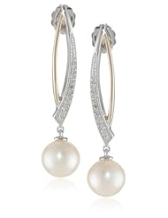 S&G Sterling Silver and 14k Yellow Gold Freshwater Cultured Pearl and Diamond Linear Drop Earrings