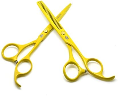 HUNTERrapoo HT9113 5.5" Yellow Color Barber Scissors Kit for Hairdressing salon, Razor scissor and thinning scissors in a set