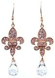 Sterling Silver Rose Gold Plated CZ Fleur De Lis Hanging Earrings