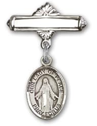 Sterling Silver Baby Badge with Our Lady of Peace Charm and Polished Badge Pin