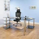 DESK L SHAPE BLACK GLASS CHROME COMPUTER TABLE LX3000B