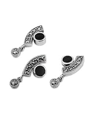 Sterling Silver Onyx Irregular Fancy Marcasite Earring Pendant Set