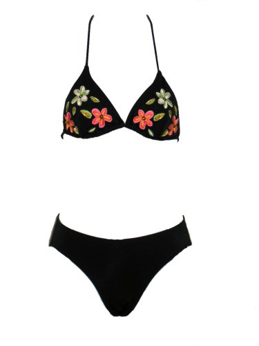 DKNY 2 Pc Black Triangle Bikini w/Embroidered Flowers P