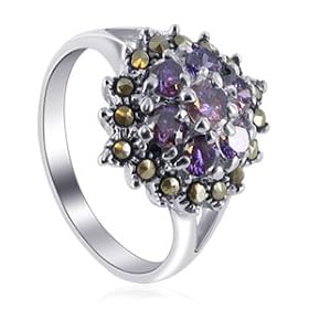 Sterling Silver Marcasite Band Amethyst Cubic Zirconia Flower Ring by Gem Avenue