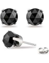 2.00 Cts 5.73-5.95mm AA Round Rose Cut Black Diamond Stud Earrings in 14K White Gold {DIAMOND APPRAISAL INCLUDED}