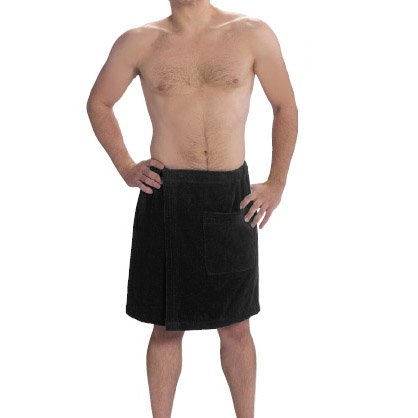 Men`s Cotton Terry Velour Bath Wrap Towel with Pocket (Black)