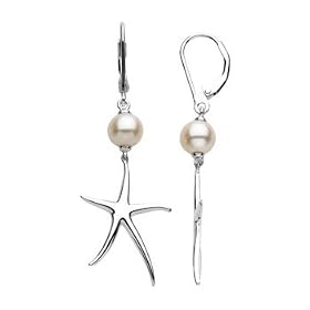 Sterling Silver White Freshwater Cultured Pearl Starfish Earrings
