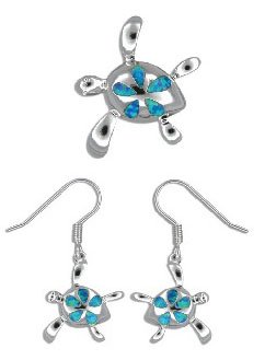 Sterling Silver Hawaiian Blue Opal Turtle Pendant and Earring Set