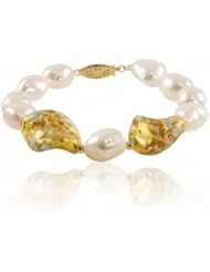 14K 10.5-11.5mm baroque freshwater cultured pearl and Murano glass bead bracelet, 7.5"