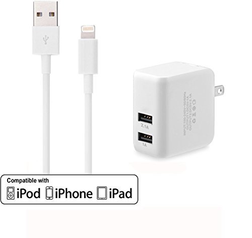 Scable 8 Pin Lightning to USB Charging Cable Cord with 3.1A 15W Dual Port High Speed USB Wall Charger for Apple IOS 8 Devices - White