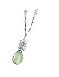 Apple Green Amethyst Necklace with White Pearls Sterling Silver Adjustable Length