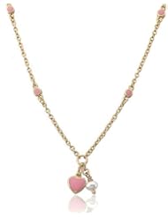 14k Gold Plated Pink Enamel Heart & White Pearl Dangle Chain Necklace