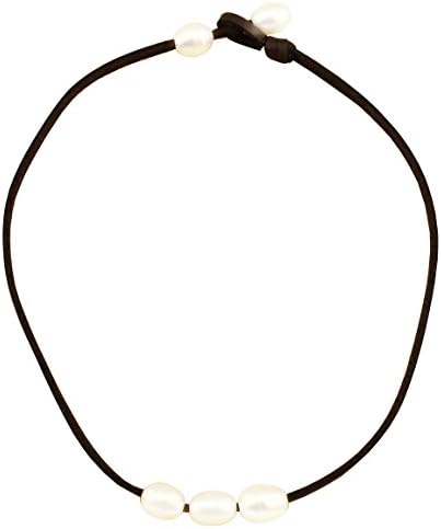 16" White Pearl Choker Necklace with Three Beads for Women's on Faux Leather Necklace/Bracelet Jewelry