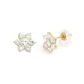 14K Gold Stud Earring CZ White Cluster Yellow Gold Earring With Screw Back For Kids & Teens
