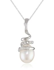 10K White Gold 9 - 9.5mm Freshwater Cultured Pearl and (0.07 cttw, G-H Color, I2-I3 Clarity) Diamond Pendant Necklace, 17"