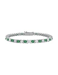 Sterling Silver Round Frosted Emerald and Cubic Zirconia Tennis Bracelet 2.00 CT TGW