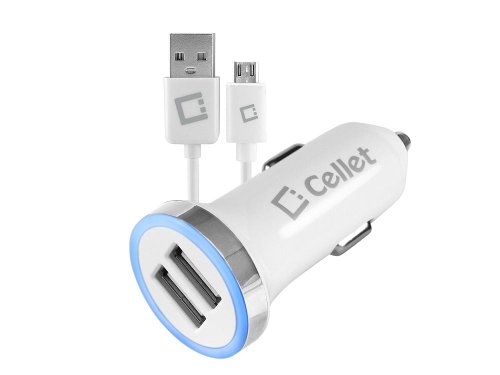 Motorola Droid RAZR i XT890 White Round Car Charger Built In Dual High Power 2400mAh USB Ports With USB to MicroUSB Cable