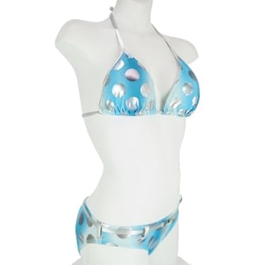 Aqua And Silver Polka Dots Swimsuit Bikini Triangle Top Belted Bottom Medium