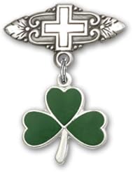 Sterling Silver Baby Badge with Shamrock Charm and Badge Pin with Cross