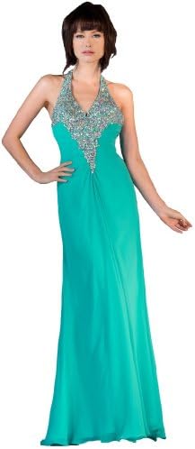 Zeilei Jade Embellished Long Prom Pageant Halter Dress in Jade