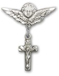 Sterling Silver Baby Badge with Crucifix Charm and Angel w/Wings Badge Pin