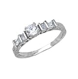 Sterling Silver Solitaire Engagement Ring With Round Cubic Zirconia in Four Prong Setting with Sidestones