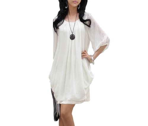 Little Hand Womens Casual Sexy Summer Pleated Prom Chiffon Sundress Mini Short Dress White XL